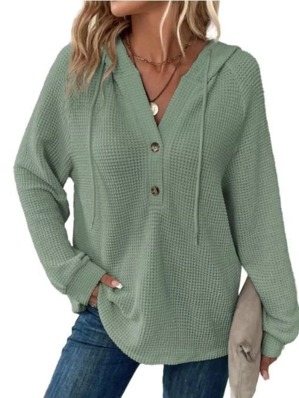 Full Size Button Detail Waffle Knit Hoodie Plus Size, image 35