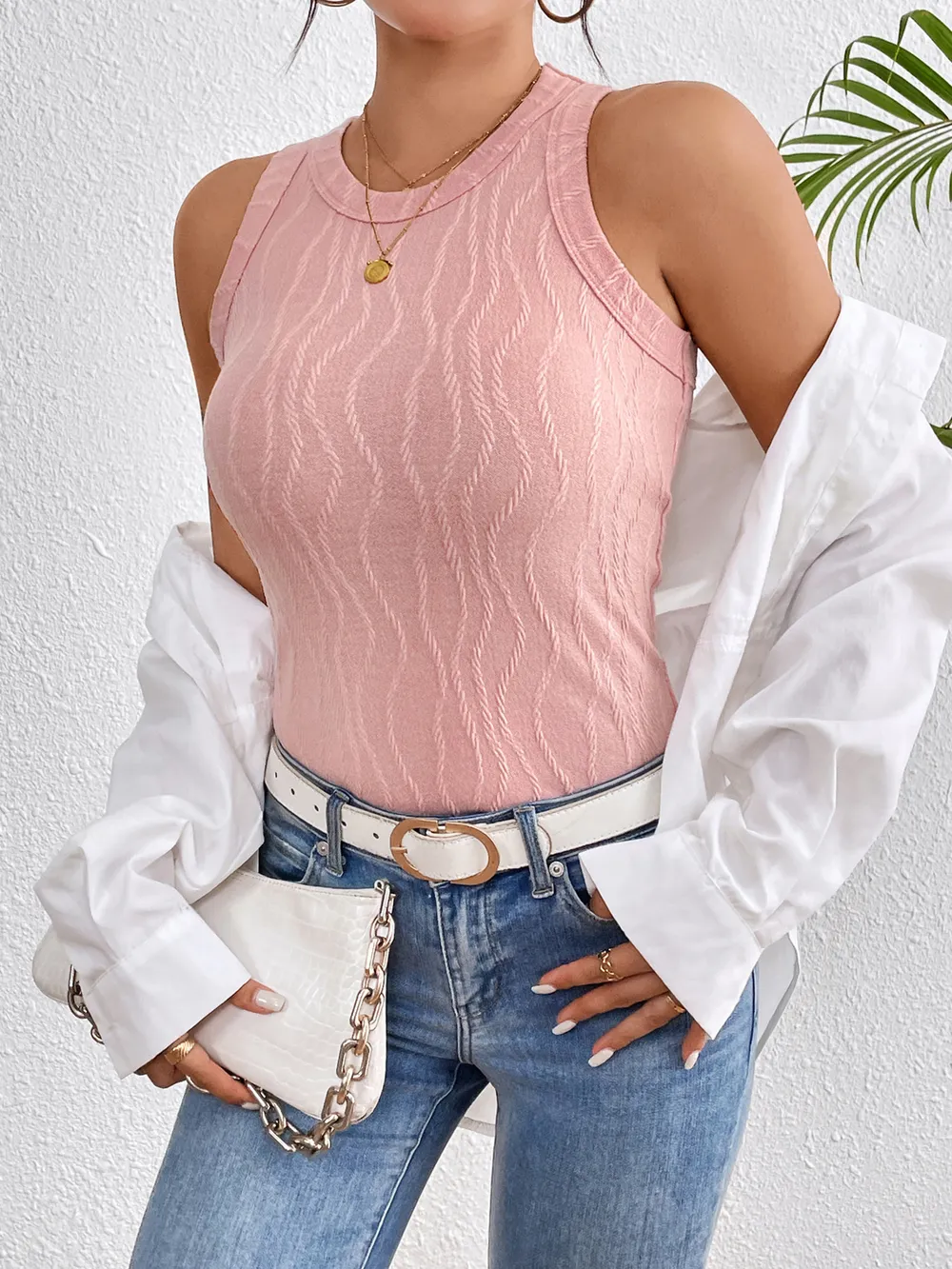 Textured Round Neck Tank Top, image 5