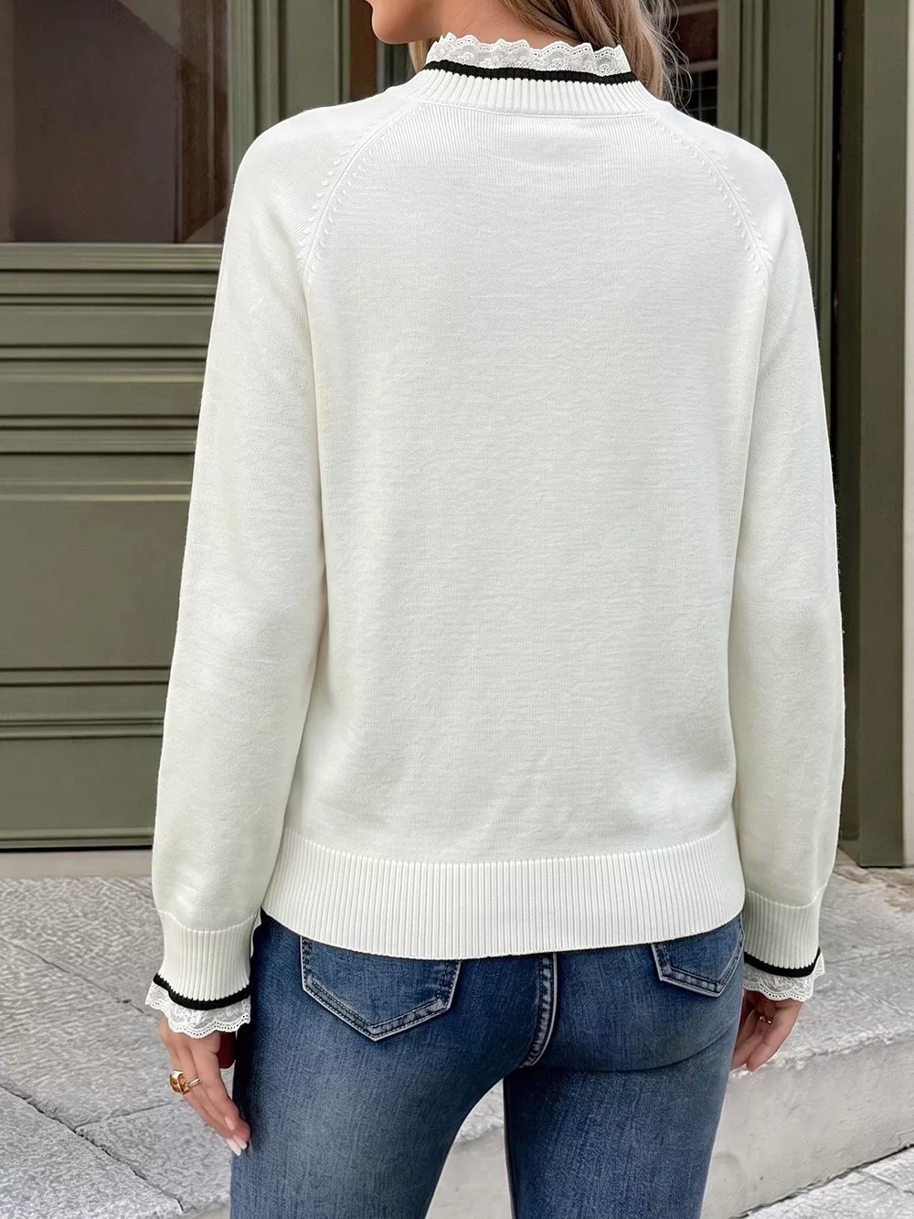 Bow-Embellished Lace Trim Sweater, image 7