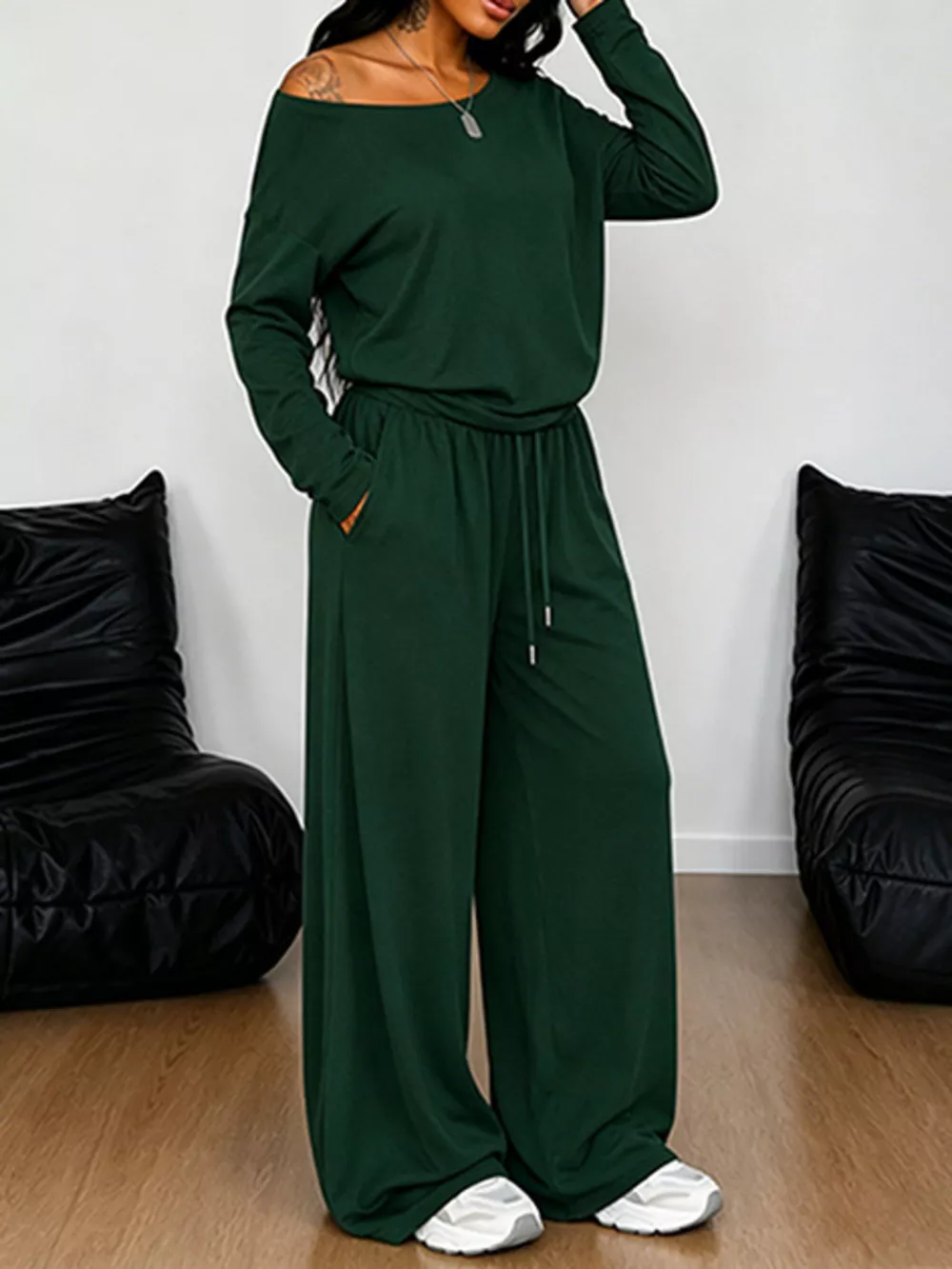 Full Size One-Shoulder Top and Drawstring Pants Set Plus Size, image 10