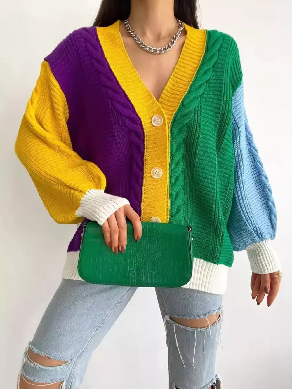 Color Block Button Down Cable-Knit Cardigan, image 4