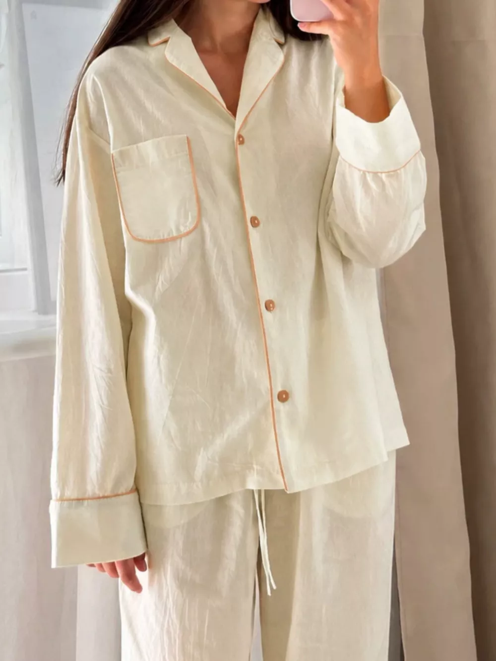Contrast Trim Button-Down Top and Pants Lounge Set, image 4