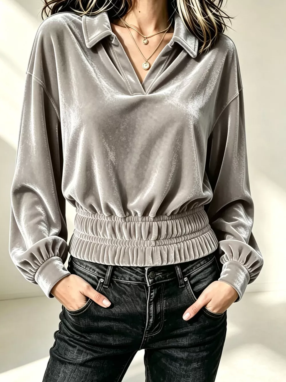 Velvet Johnny Collar Long Sleeve Blouse, image 9