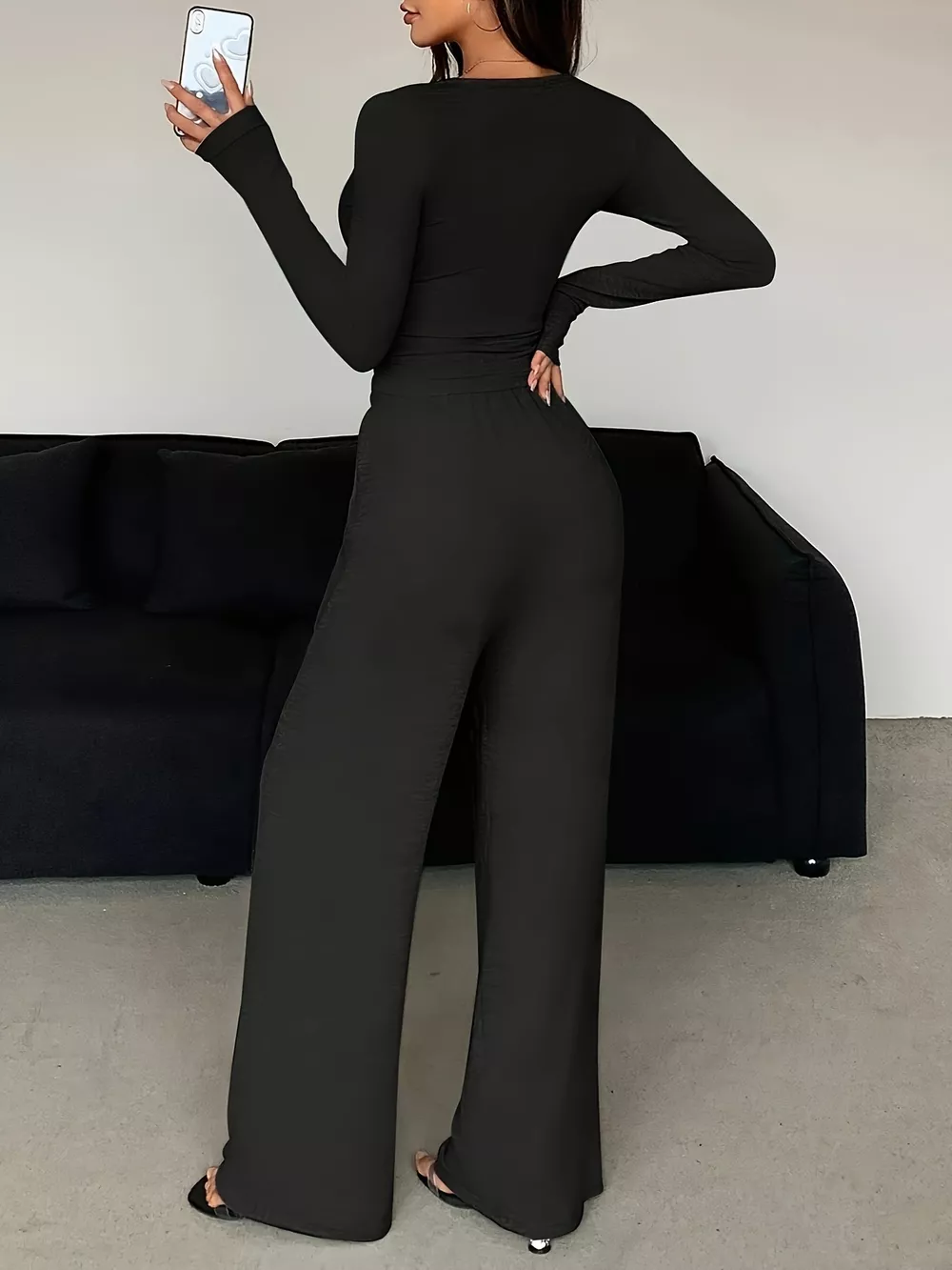 Button Detail Long Sleeve Top and Wide-Leg Pants Set, image 3