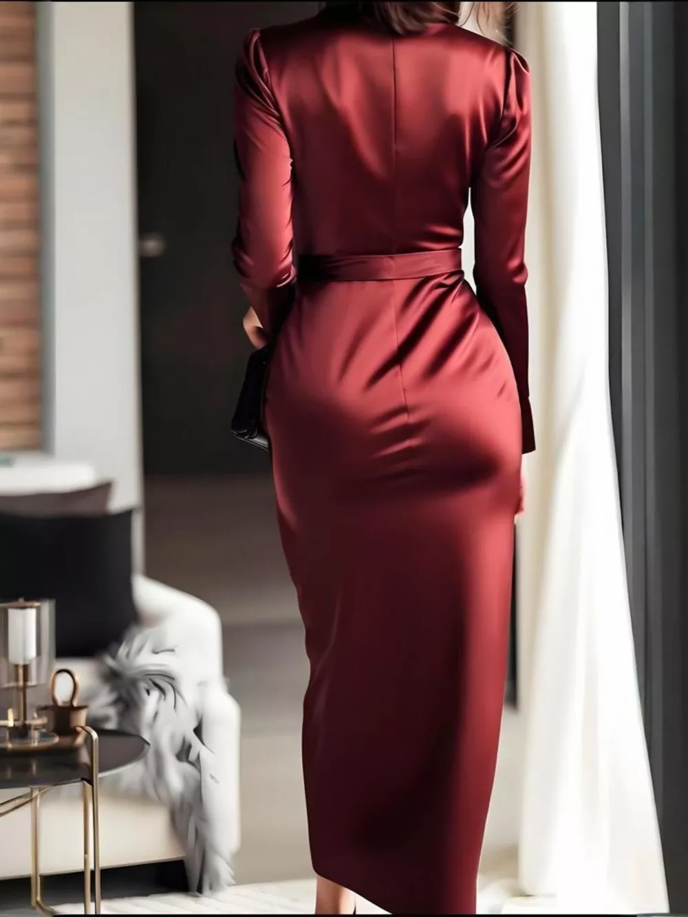 Surplice Satin Long Sleeve Dress, image 8