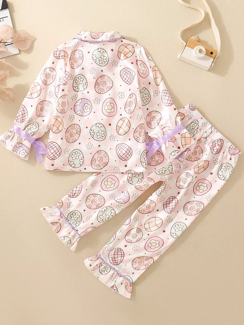 Children's Egg Print Pajama Set with Bow Accents, image 5