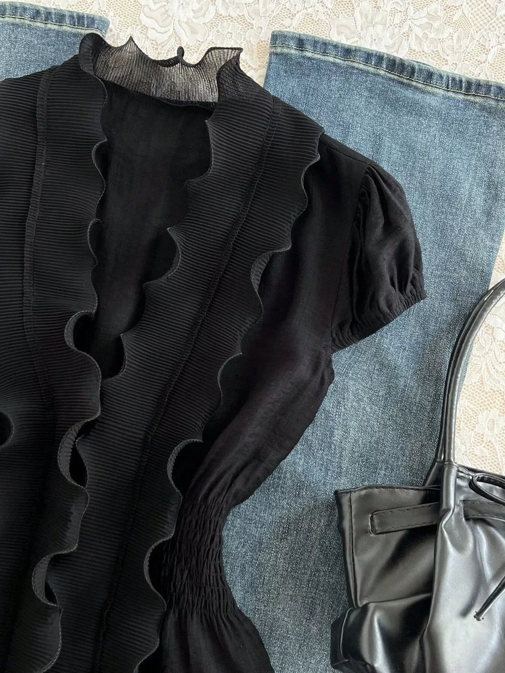 Ruffled V-Neck Blouse with Smocked Waist, image 4