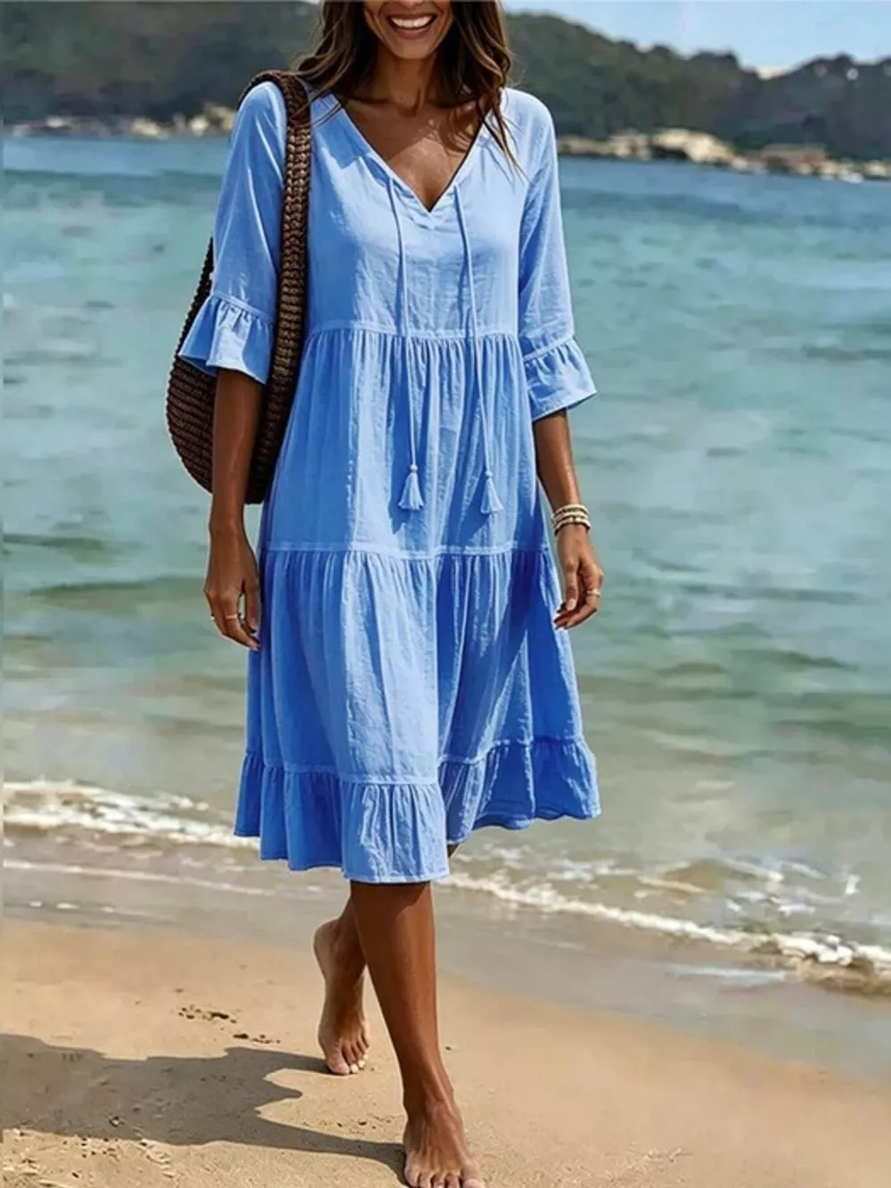 Full Size Tiered Tie Neck Flounce Sleeve Dress Plus Size, image 13