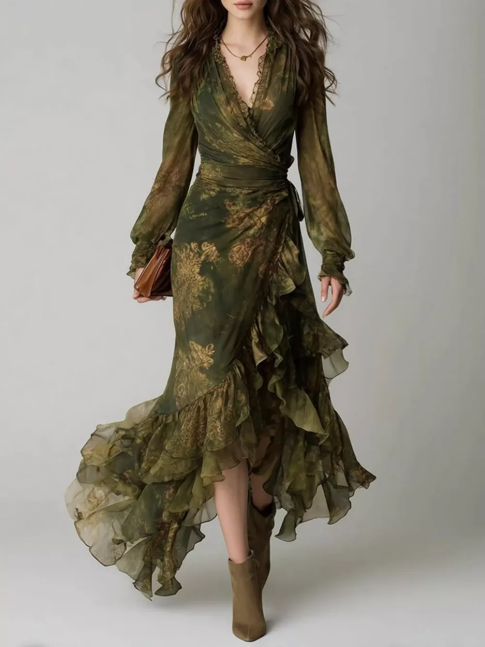 Floral Print Ruffle Hem Wrap Maxi Dress