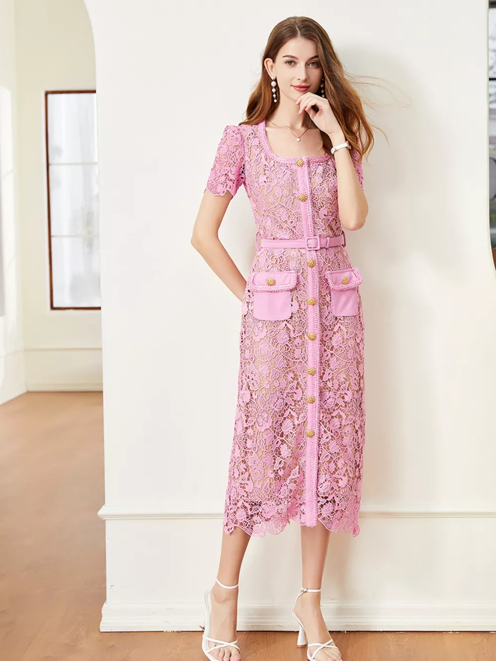 Lace Button-Up Midi Dress, image 8