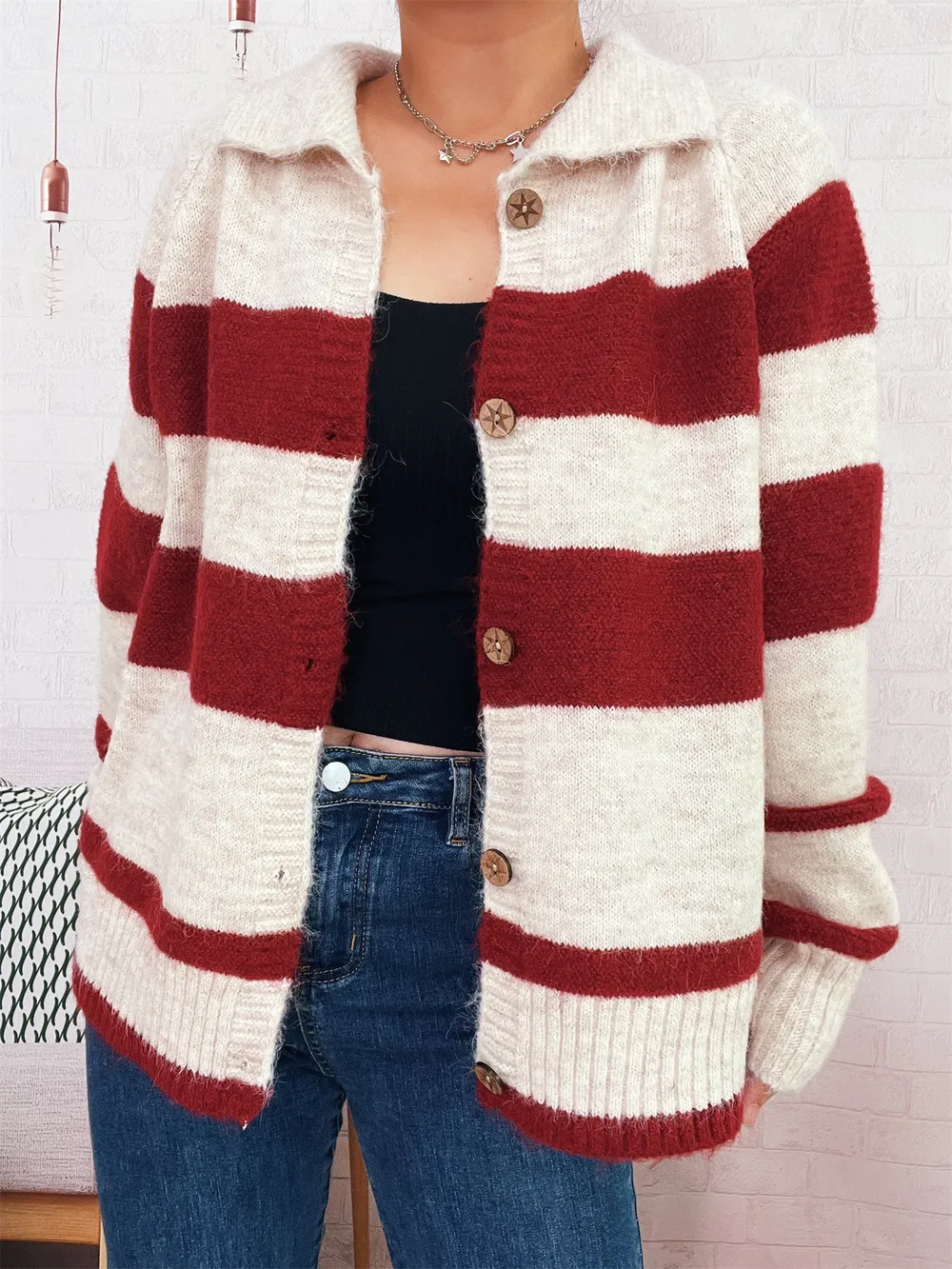 Striped Button-Up Cozy Cardigan, image 4