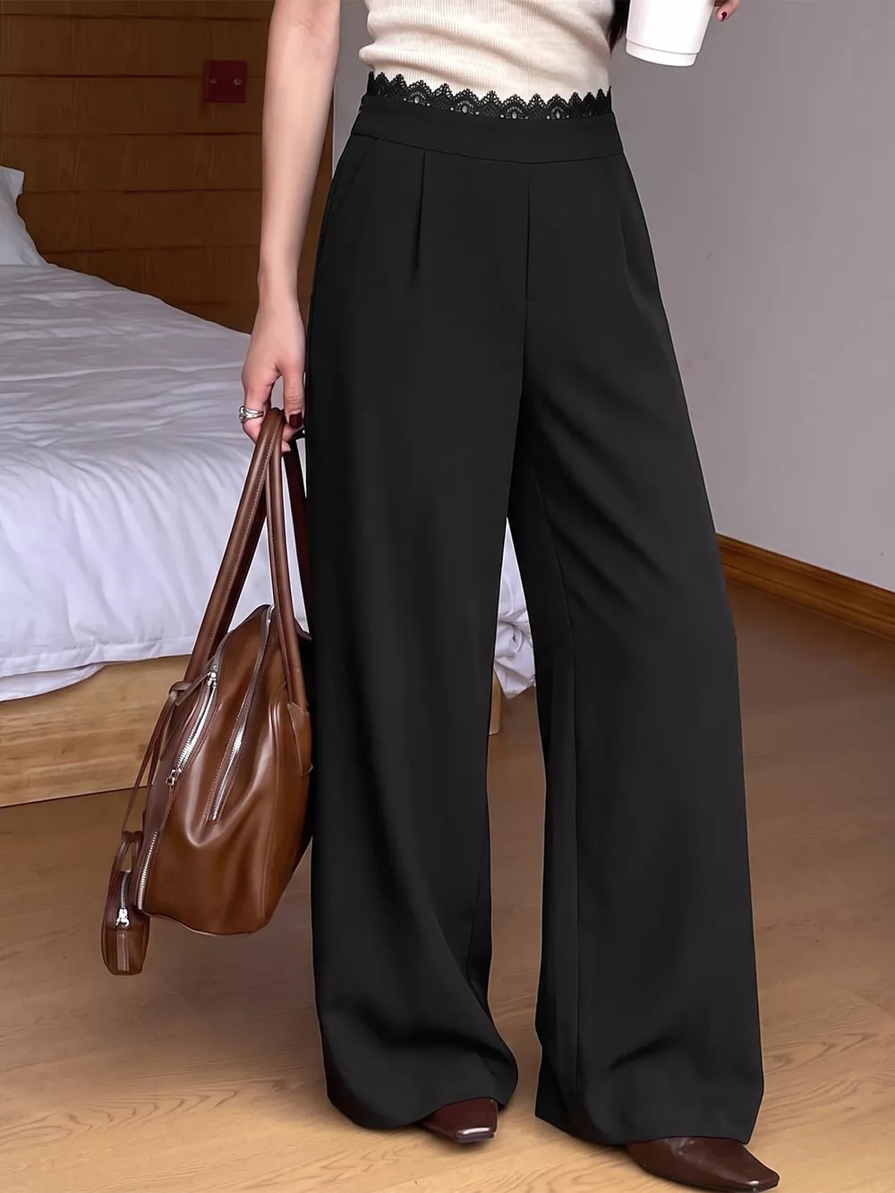 High-Waisted Wide-Leg Lace-Trimmed Pants, image 3