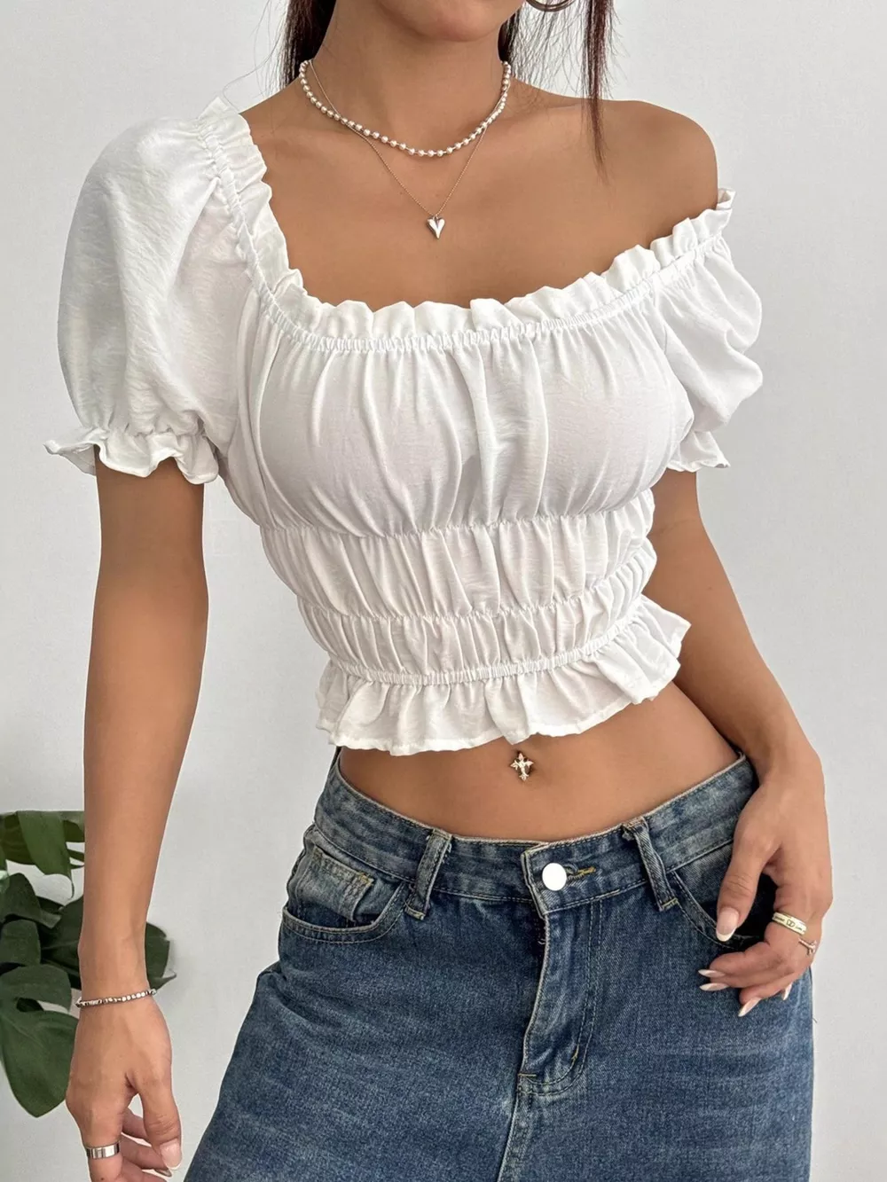 Frill Ruffled Hem Puff Sleeve Crop Blouse, image 2
