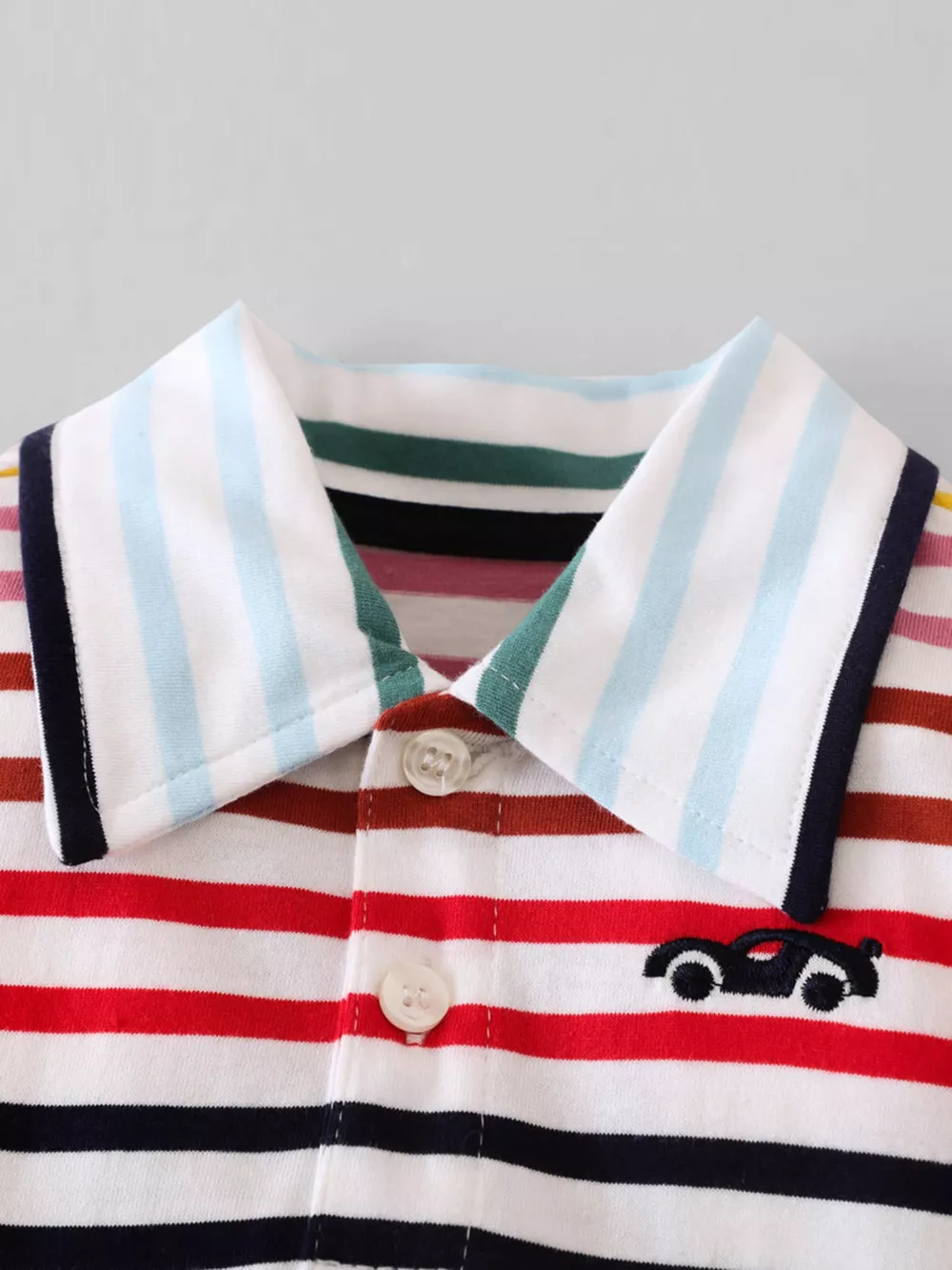 Children's Colorful Striped Polo Shirt and Car Print Shorts Set, image 4