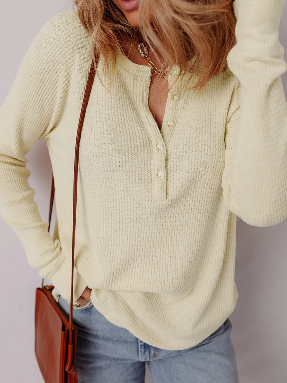 Textured Knit Half Buttons Henley Top, image 6