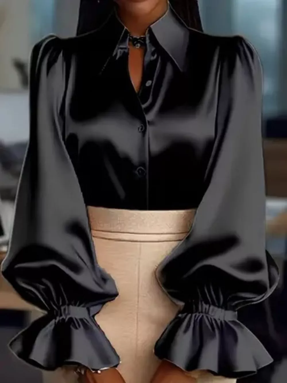 Satin Button Up Flounce Sleeve Shirt, image 7