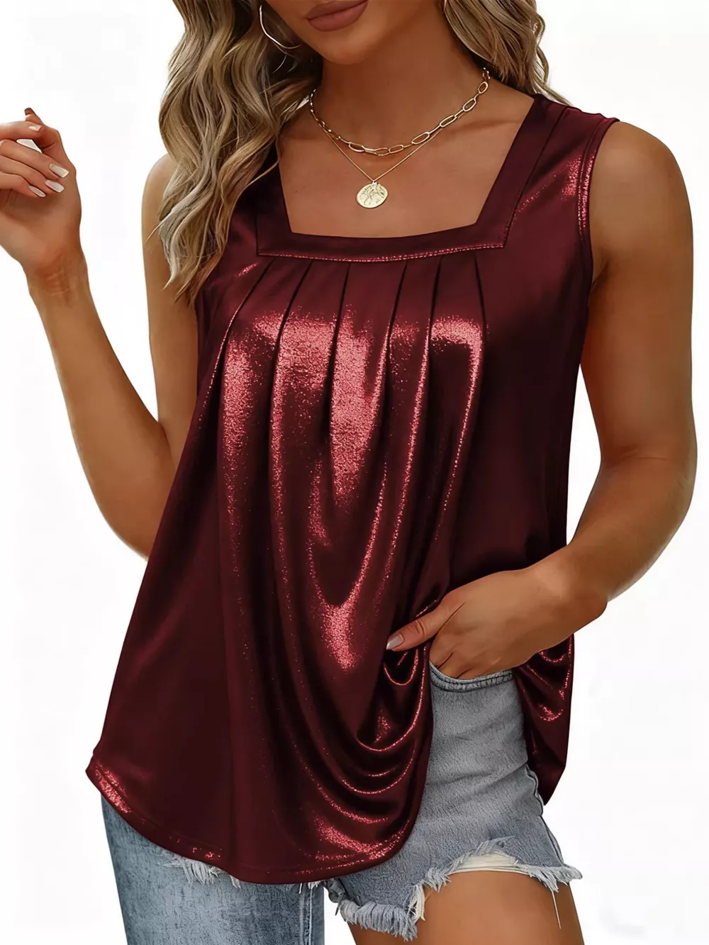 Full Size Pleated Square Neck Tank Plus Size, image 10