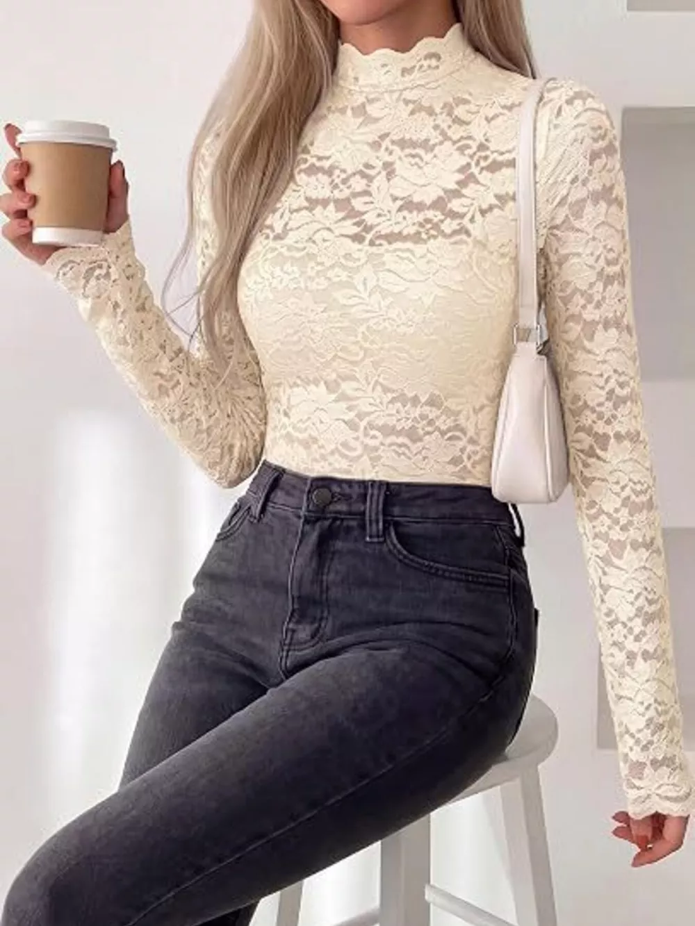 Mock Neck Floral Lace Long Sleeve Blouse, image 3