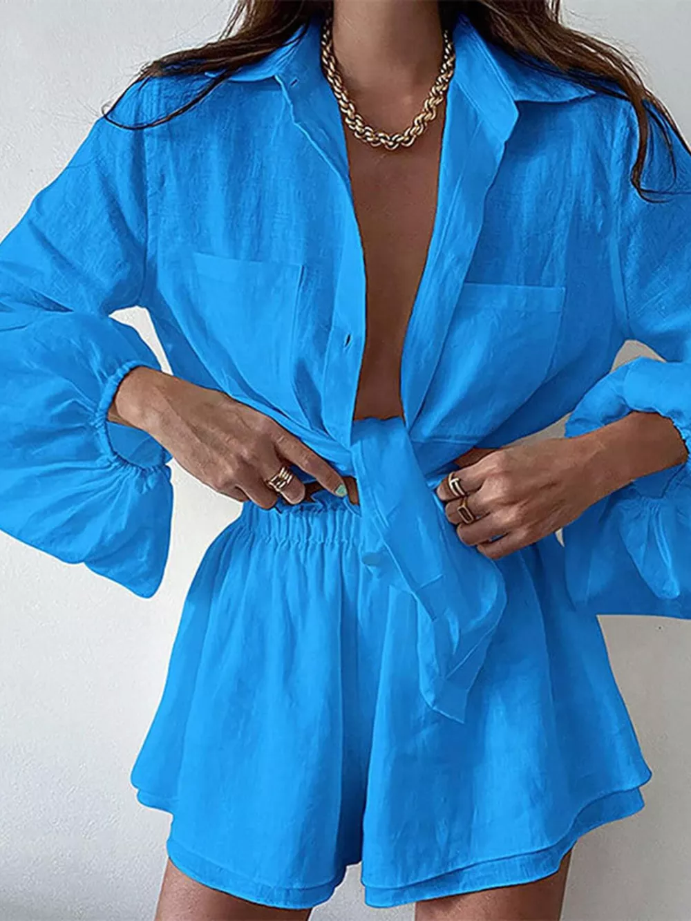 Button Up Long Sleeve Shirt and Shorts Set, image 10
