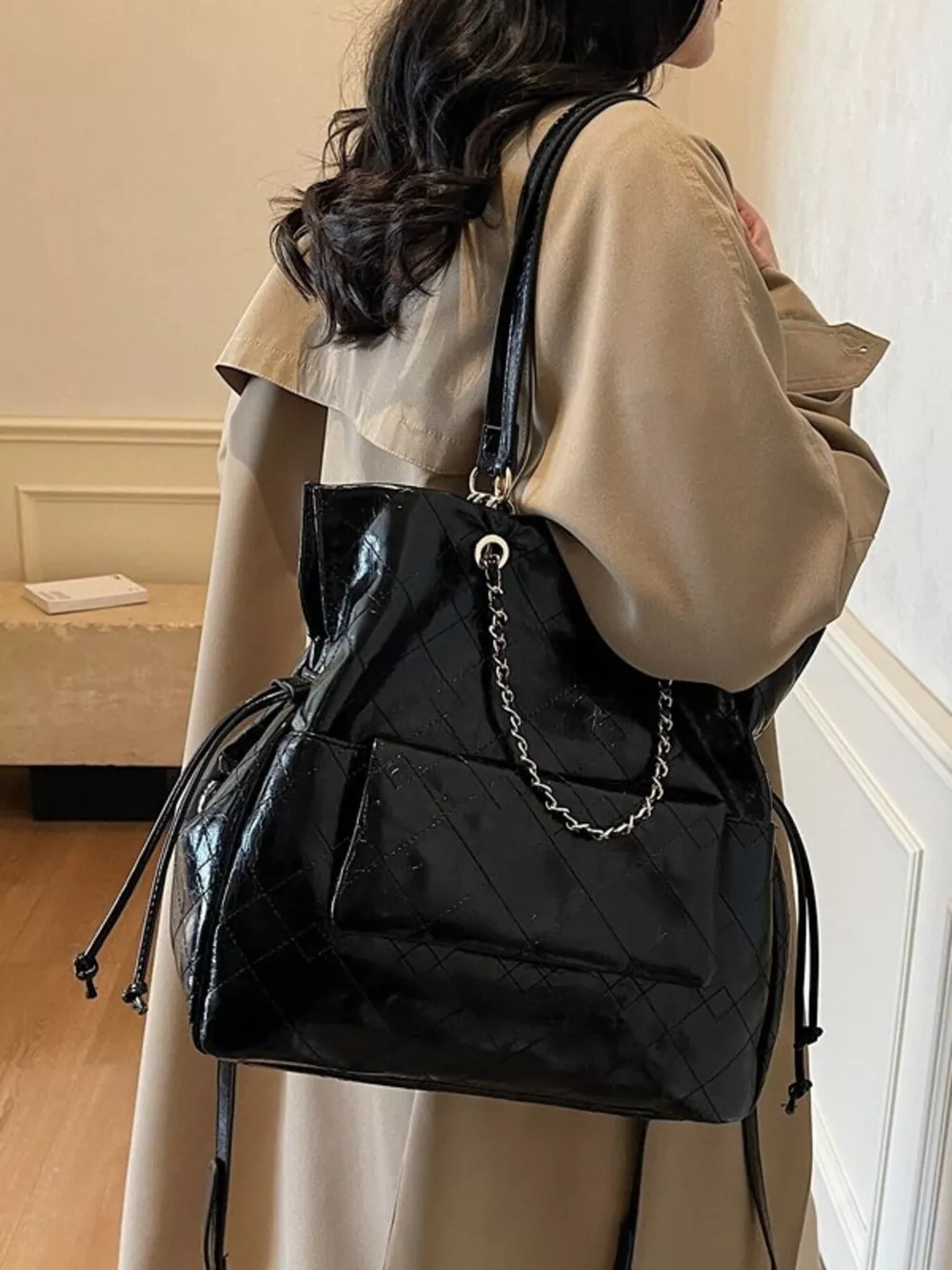 Quilted Chain Decor Backpack Bag, image 3