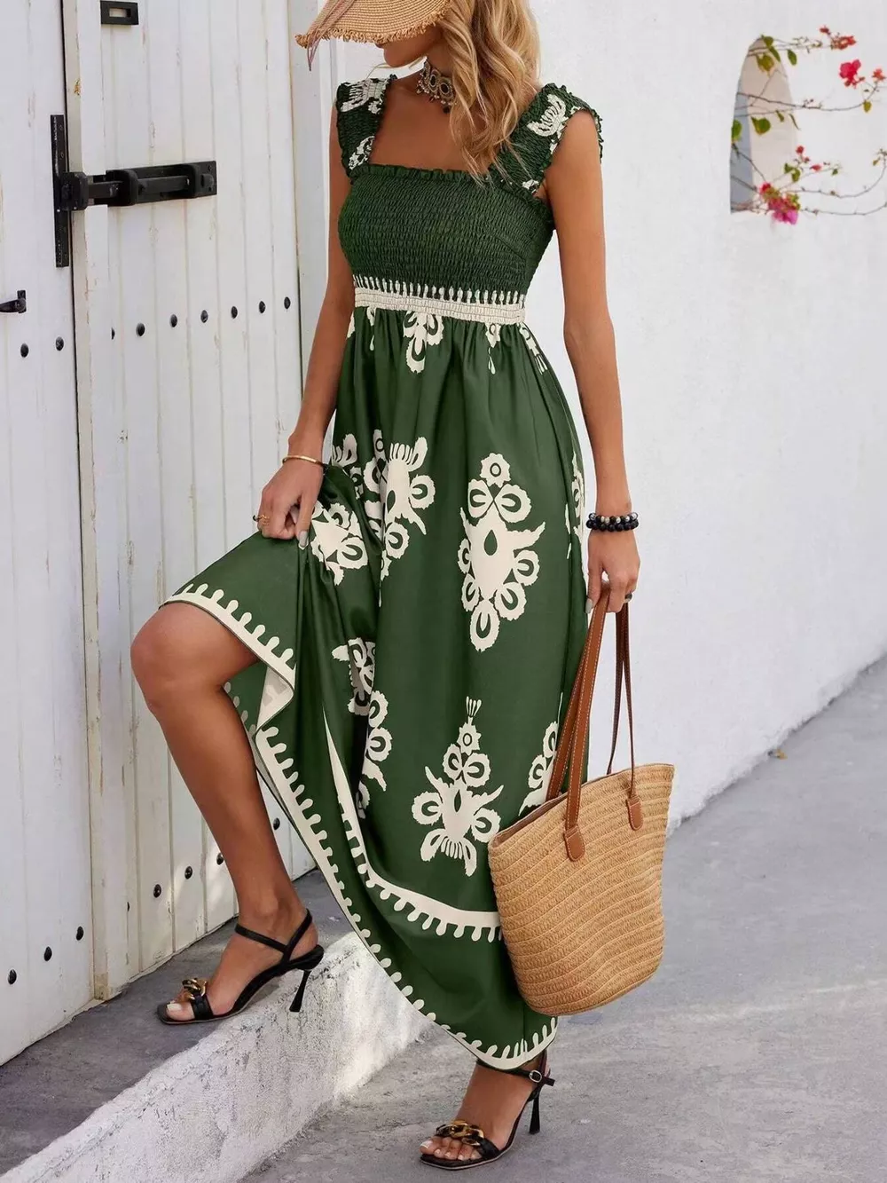 Smocked Printed Square Neck Maxi Dress, image 23