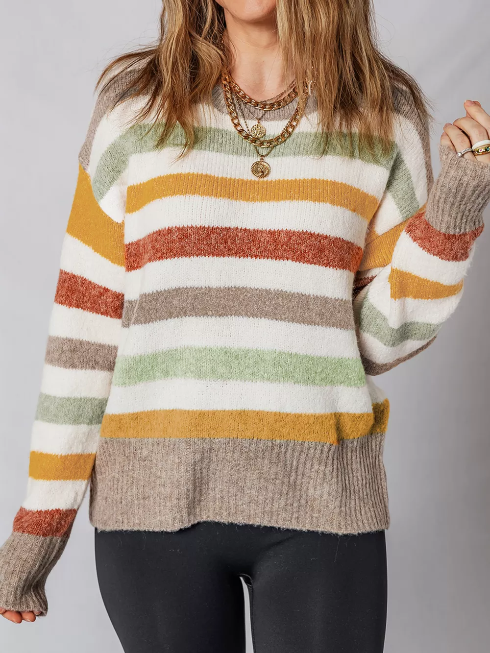Multicolour Stripe Drop Shoulder Crew Neck Sweater, image 7