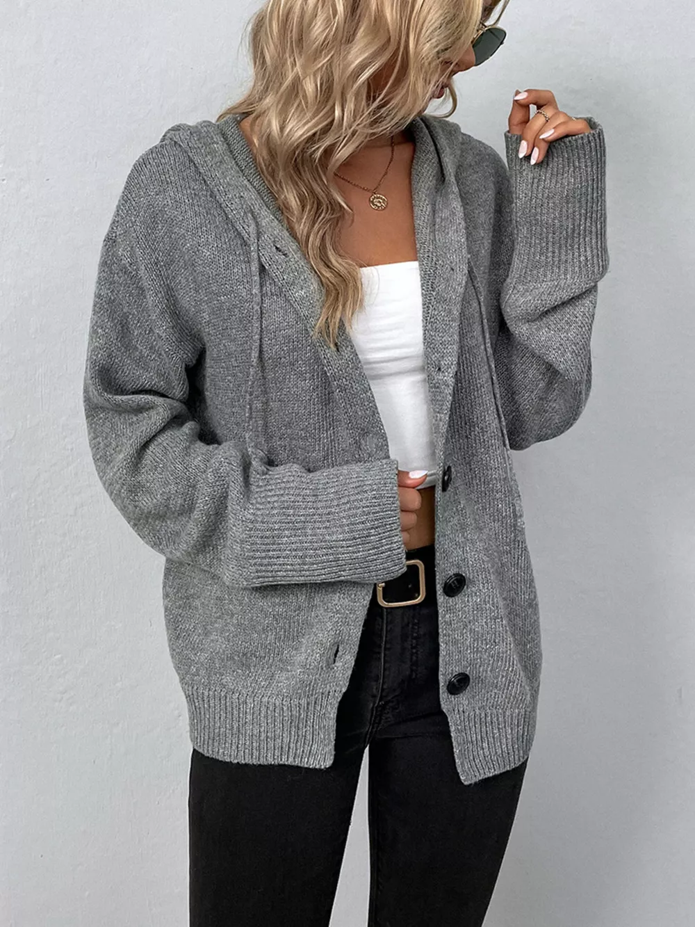 Cozy Knit Hooded Button-Down Cardigan, image 11