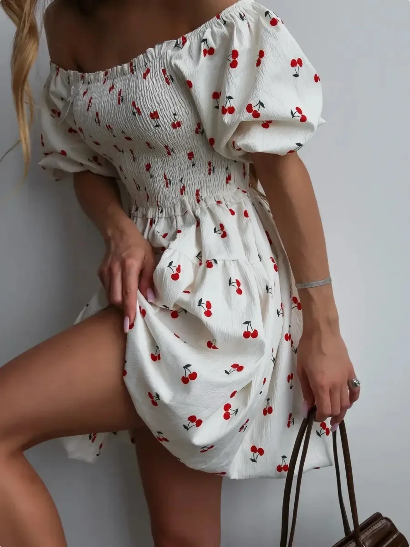 Puff Sleeve Cherry Print Smocked Mini Dress, image 6