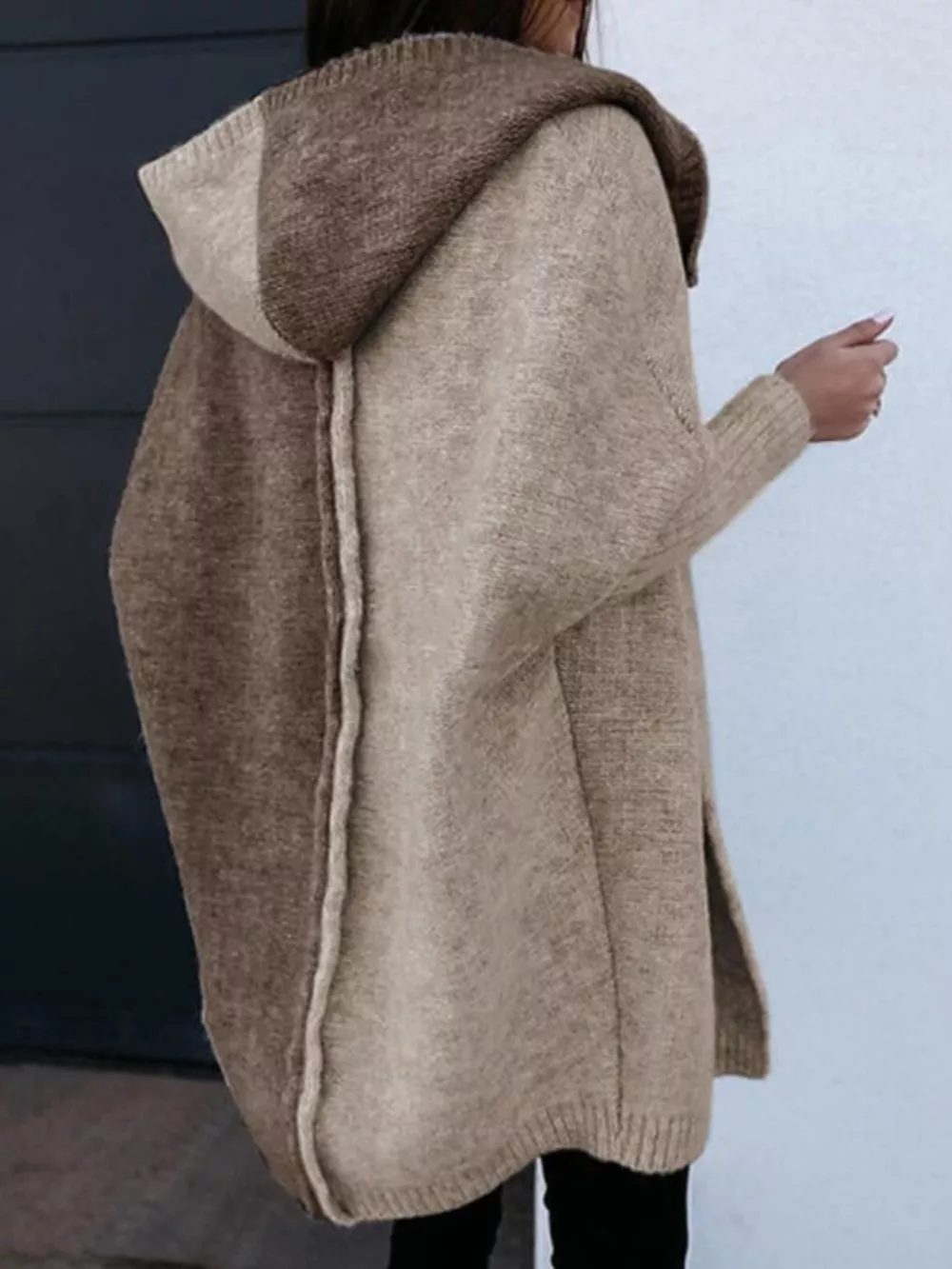Two-Tone Open Front Knit Hooded Cardigan, image 2