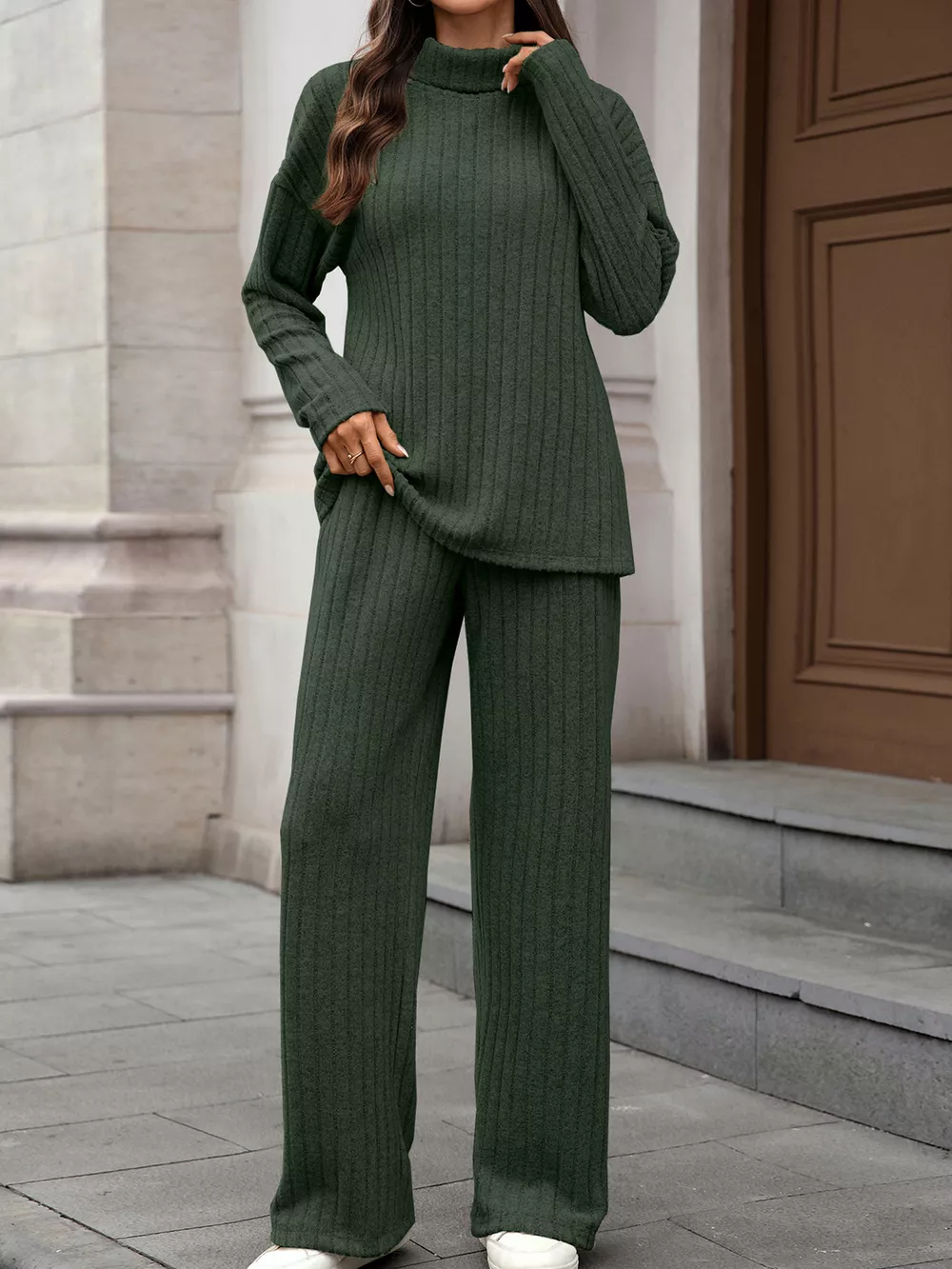 Ribbed Turtleneck Dropped Shoulder Top and Pants Sweater Set, image 12