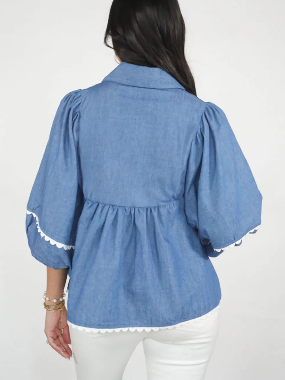 Collared Neck Contrast Trim Balloon Sleeve Blouse, image 9