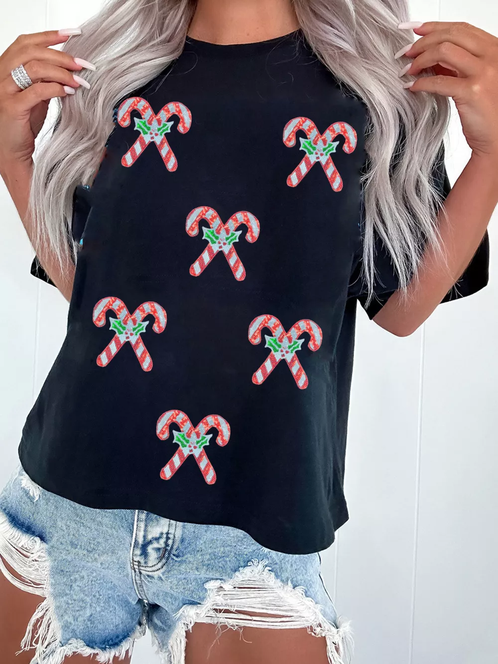Holly Candy Cane Christmas Sequin Short Sleeve T Shirt, image 3