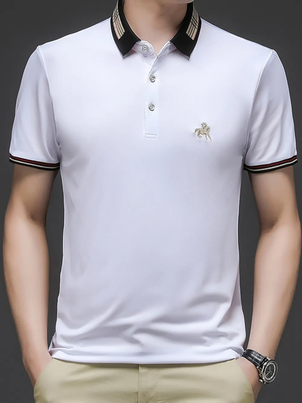 Men's Plus Size Contrast Collar Embroidered Detail Polo, image 2