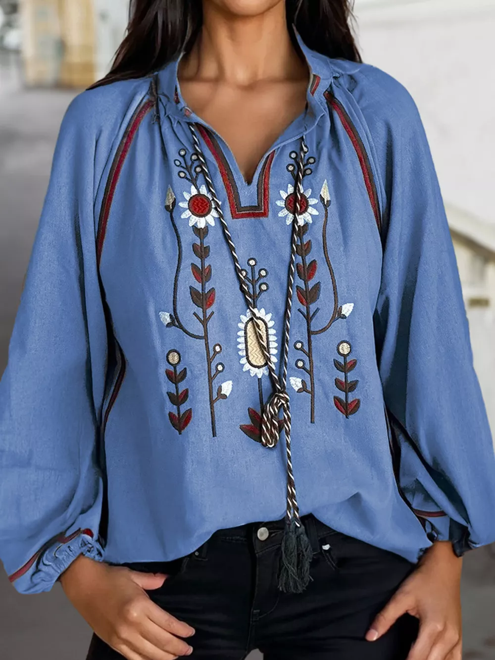 Floral Embroidered Split Neck Tassel Tie Puff Sleeve Blouse