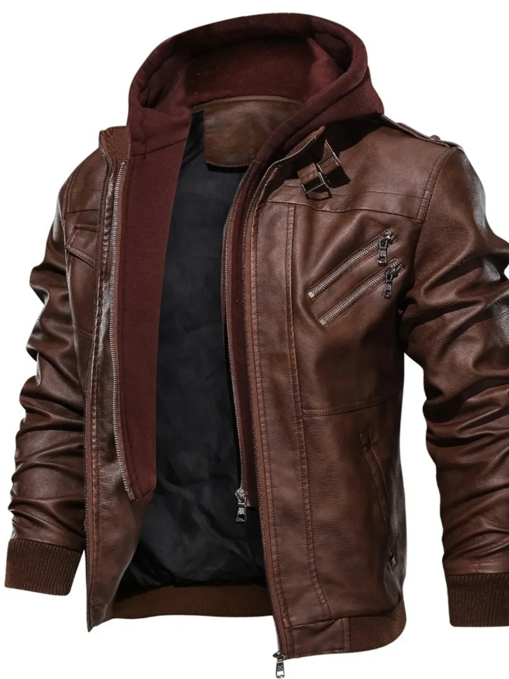 Men's Full Size Hooded Faux Leather Motorcycle Jacket Plus Size, image 4