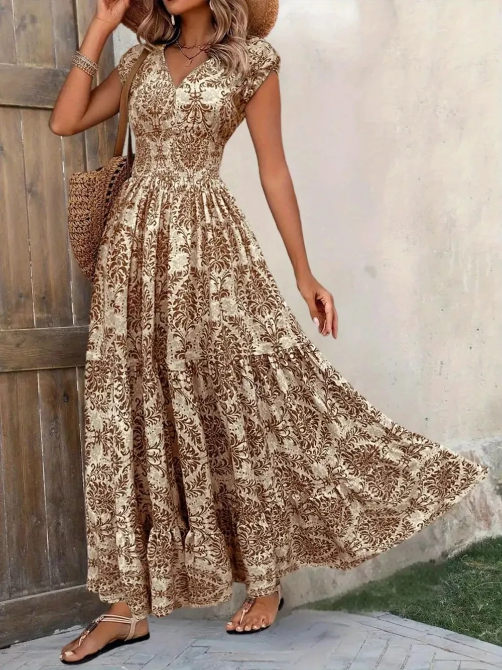 Printed Cap Sleeve Maxi Dress, image 22