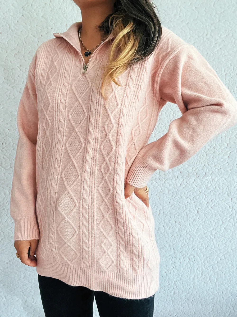 Texture Zip Collar Long Sleeve Sweater, image 11