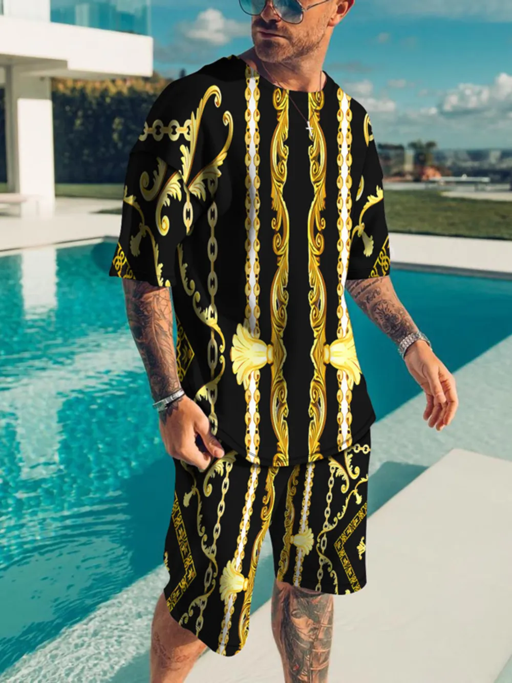 Men's Full Size Striped Short Sleeve Top and Shorts Set Plus Size, image 5