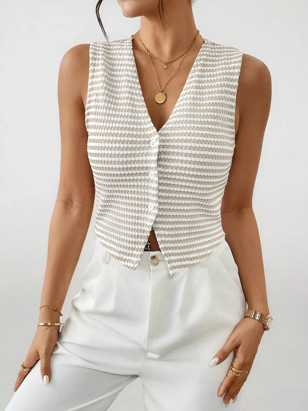 Striped Button-Down Cropped Sweater Vest, image 3