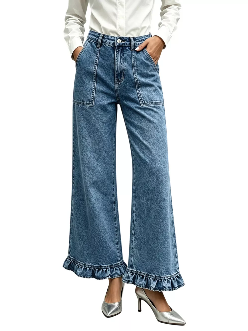 High-Waisted Wide-Leg Ruffle Hem Jeans, image 10