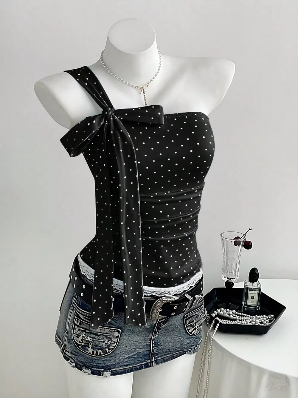 Polka Dot One-Shoulder Cami