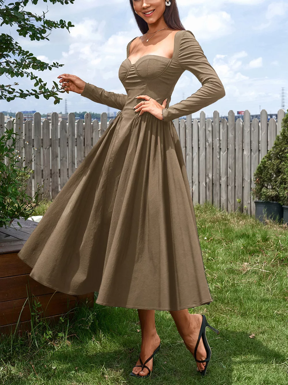Sweetheart Neckline Long Sleeve A-Line Midi Dress, image 11