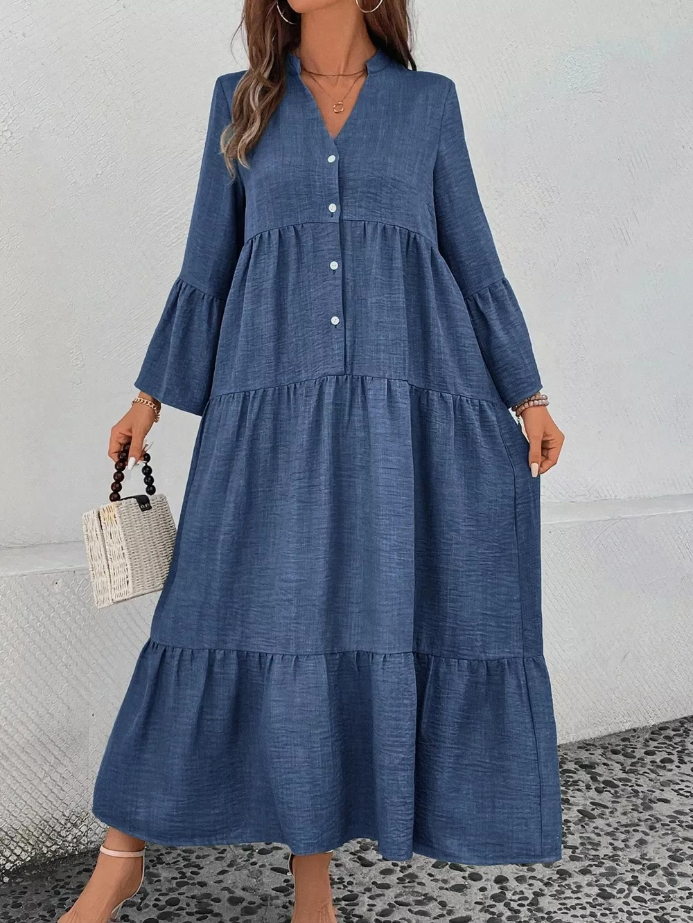 Ruffle Hem Button Front Tiered Dress, image 11