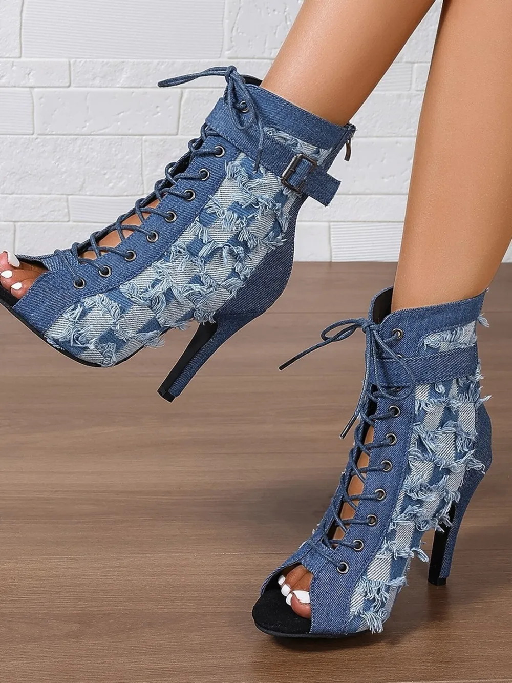 Distressed Denim Lace-Up Peep Toe Ankle Boots, image 4