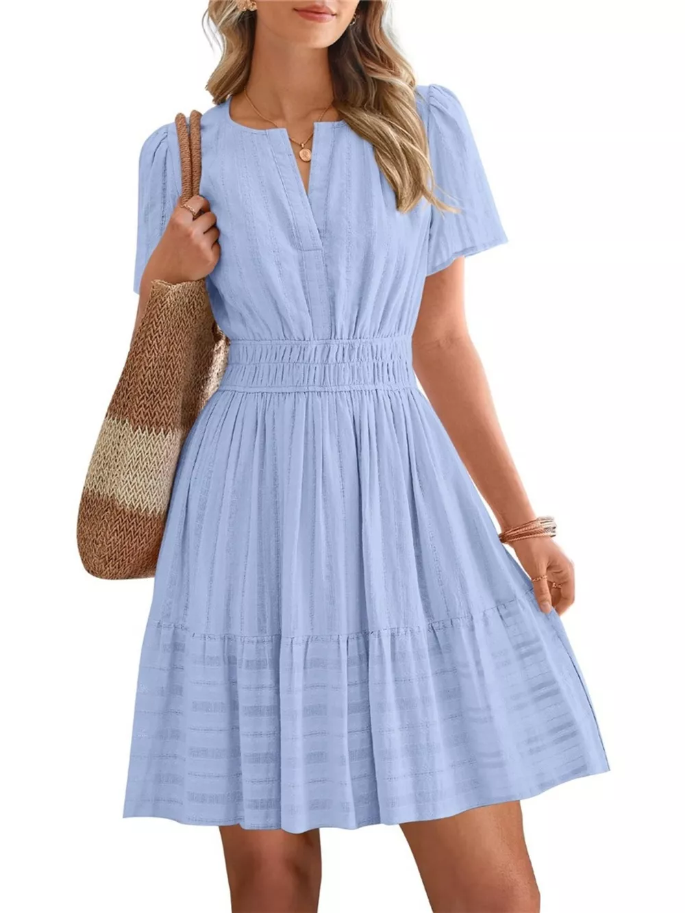 Short Sleeve Smocked Waist Tiered Dress, image 8