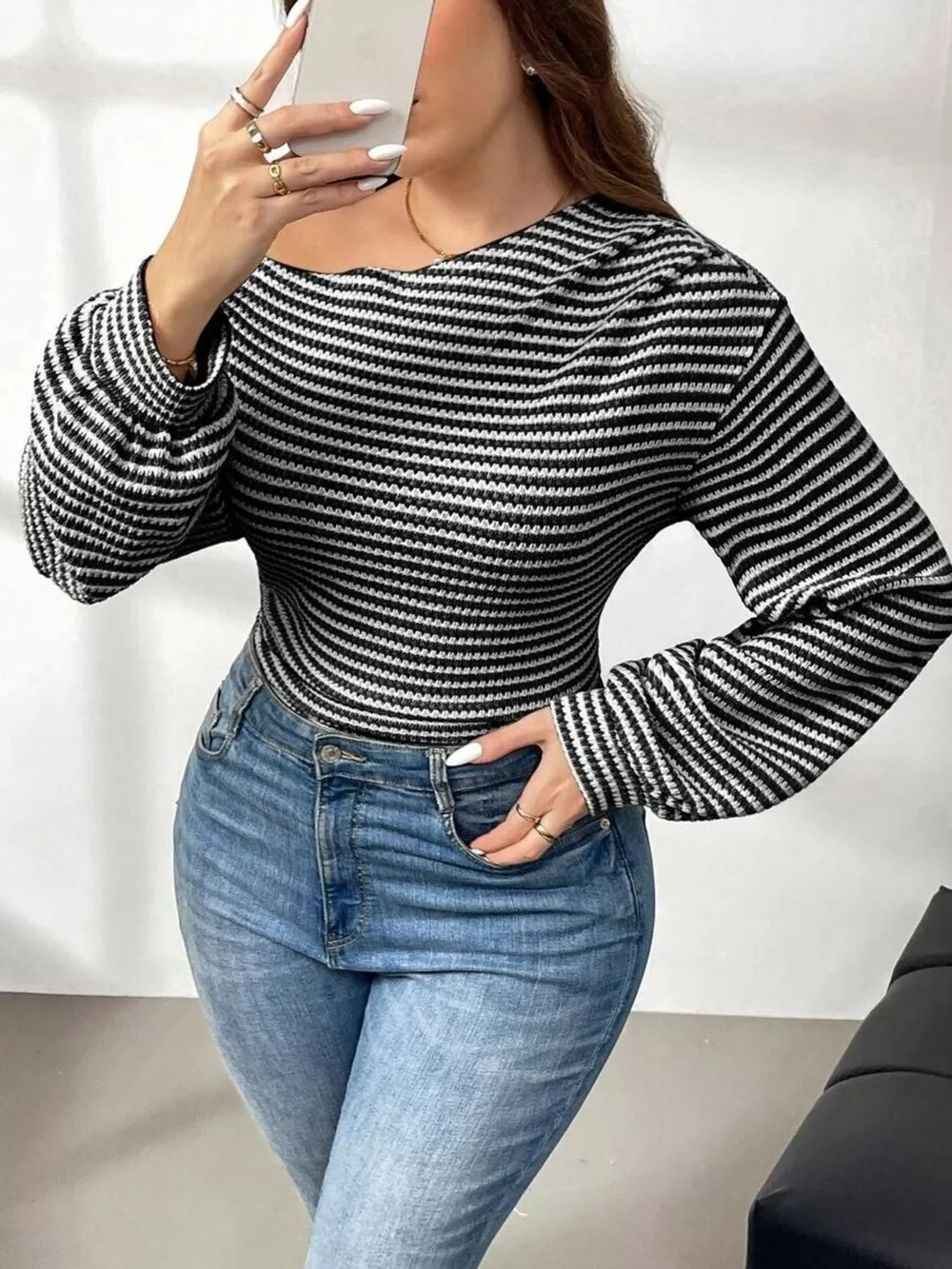 Plus Size Striped One-Shoulder Long Sleeve T-Shirt, image 3