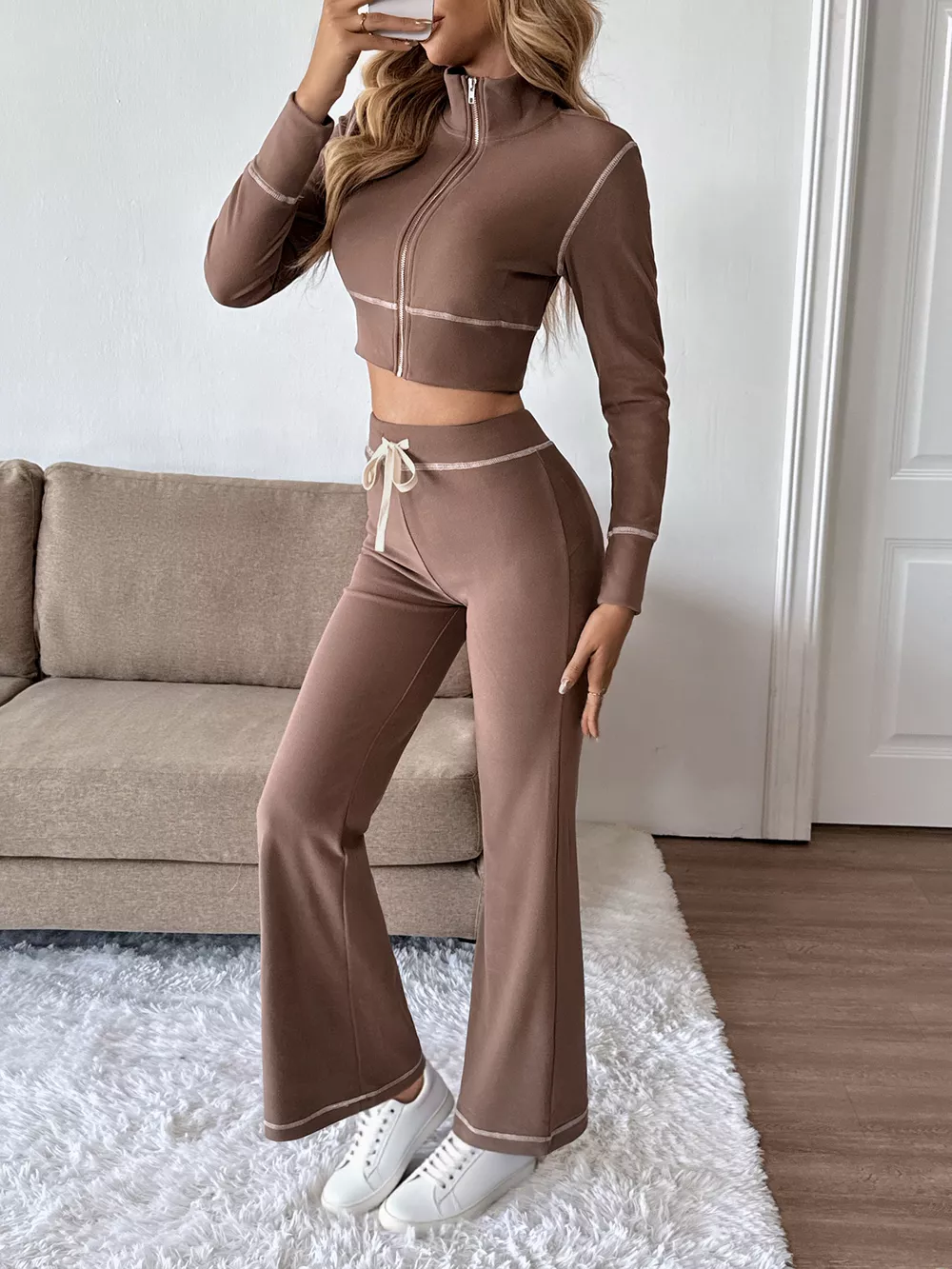 Zip Up Long Sleeve Top and Pants Set, image 4