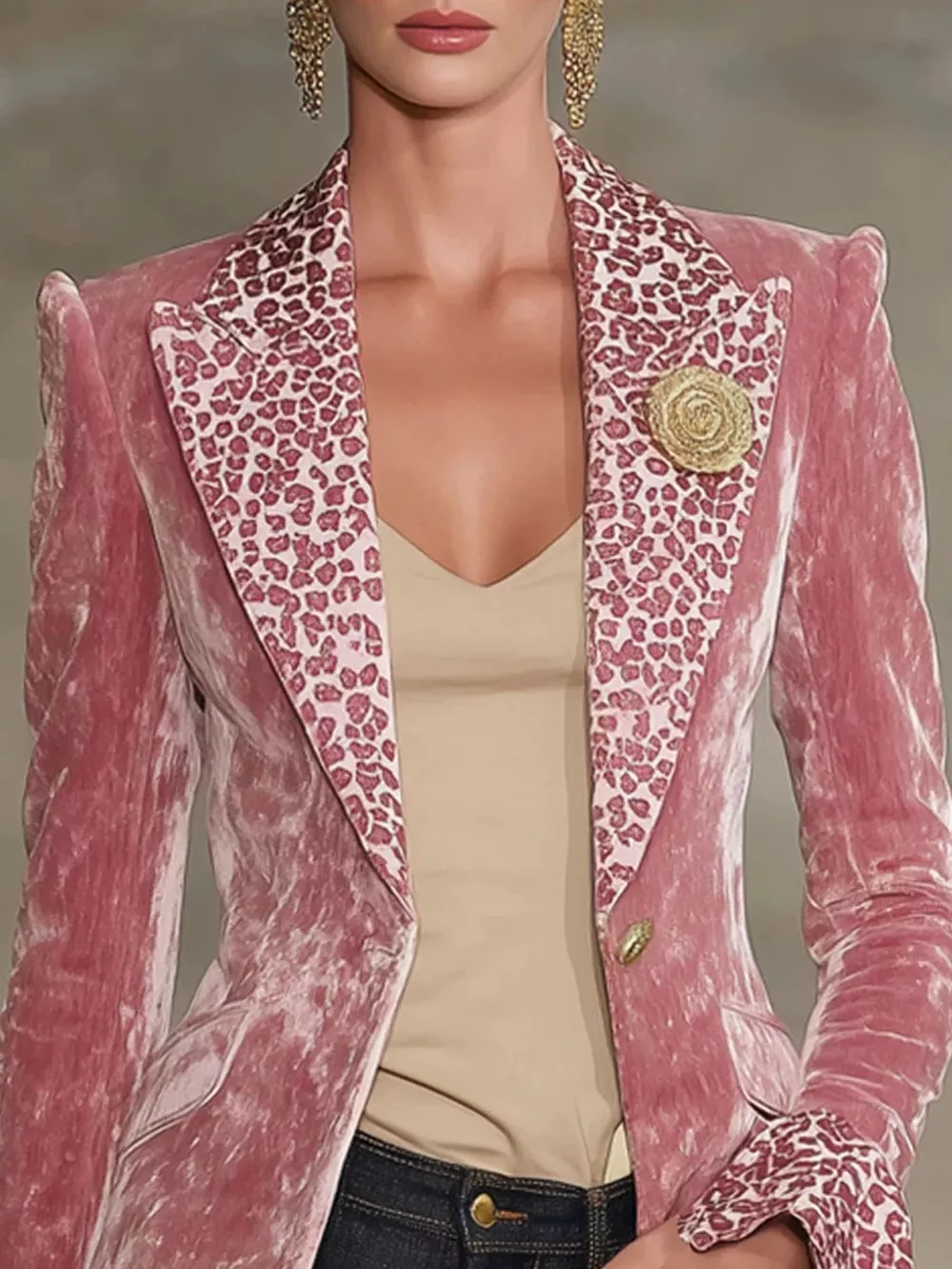 Velvet Leopard Lapel Collar One Button Blazer, image 2