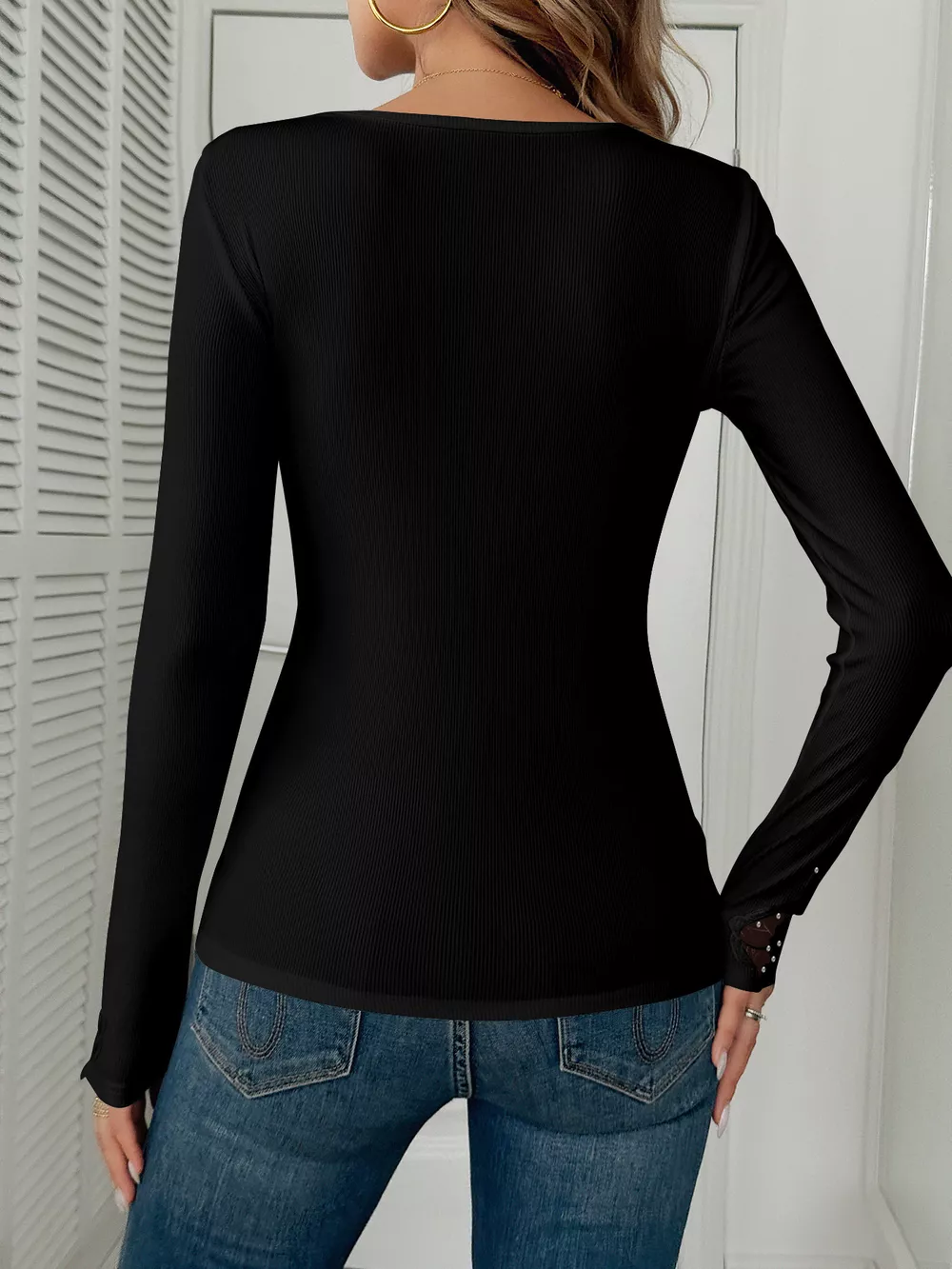 Elegant Lace Trim Long Sleeve Top, image 11
