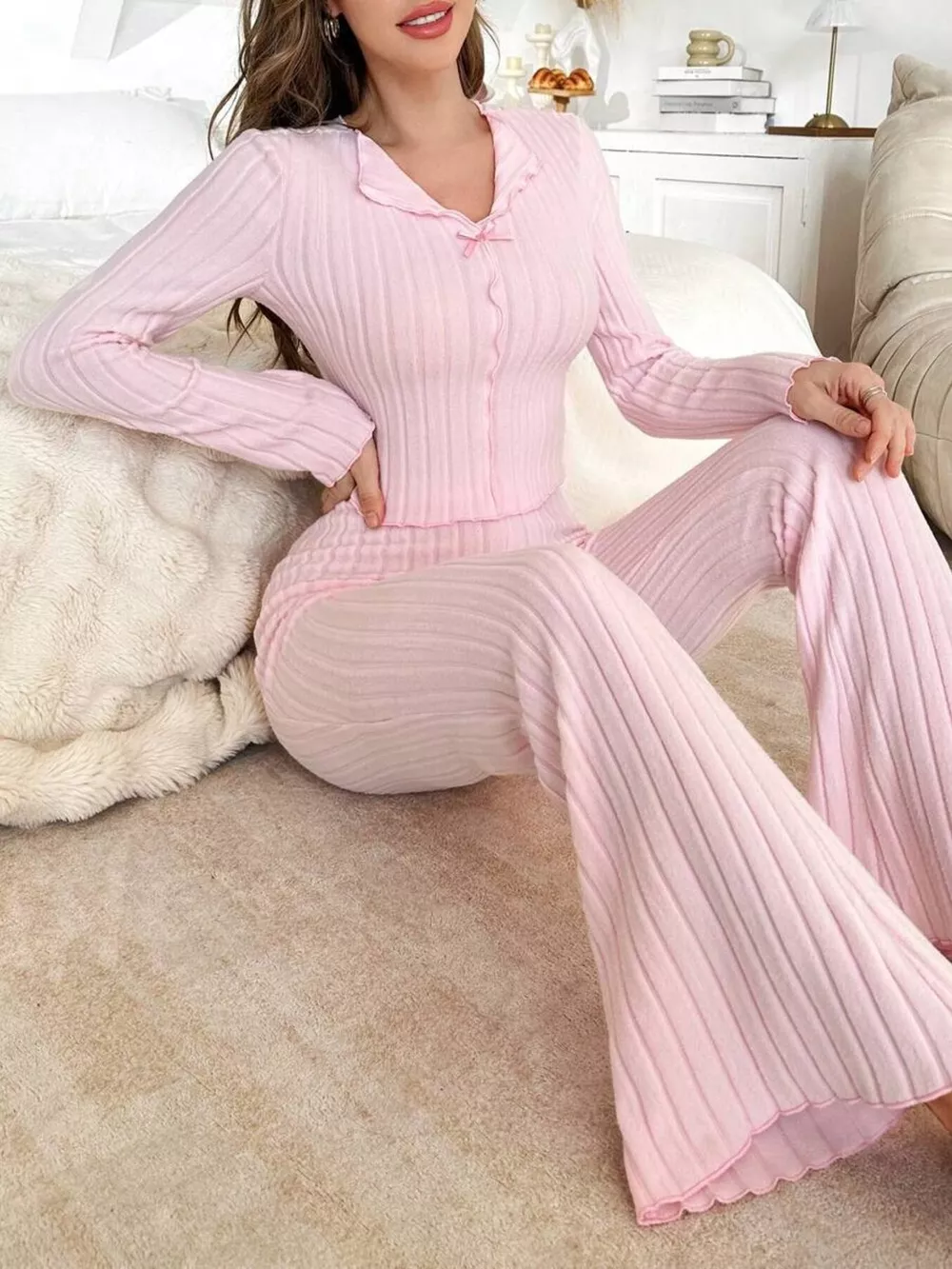 Bow Detail Ribbed Knit Top and Pants Lounge Set, image 4